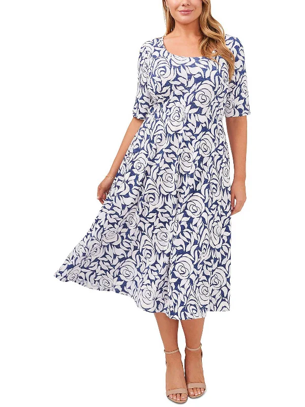 Plus Womens Printed Midi Fit & Flare Dress