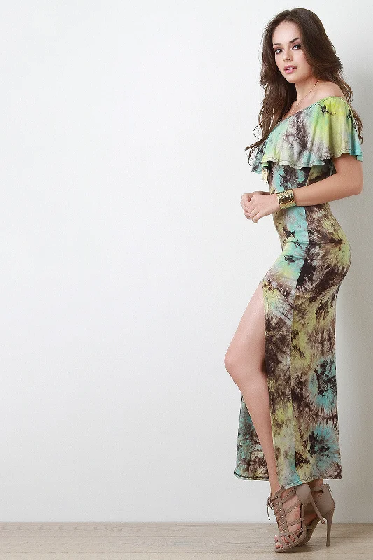 Multi Color Tie Dye Flutter Bardot Maxi Dress