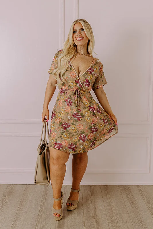 Sweet Like Honey Floral Mini Dress In Taupe Curves