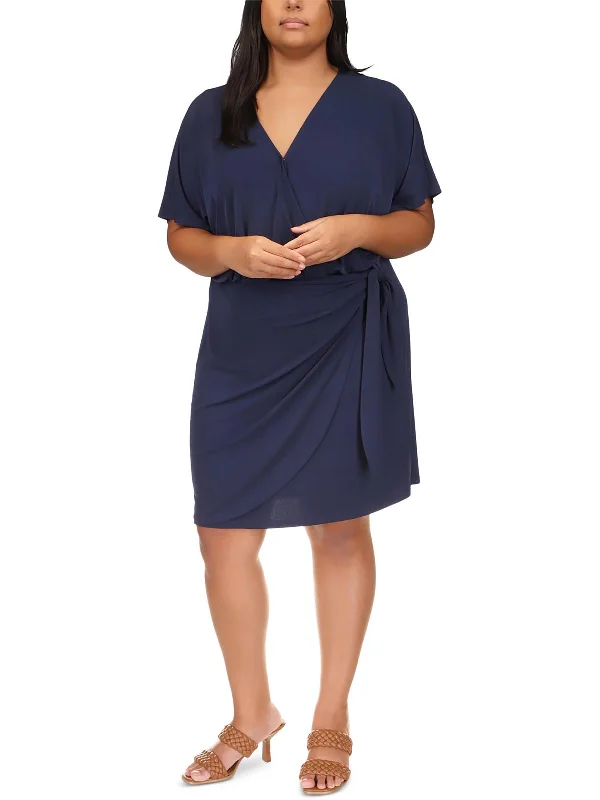 Plus Womens Knee Length Faux Wrap Wrap Dress