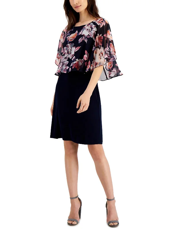 Petites Womens Knee Length Floral Print Wear To Work Dress