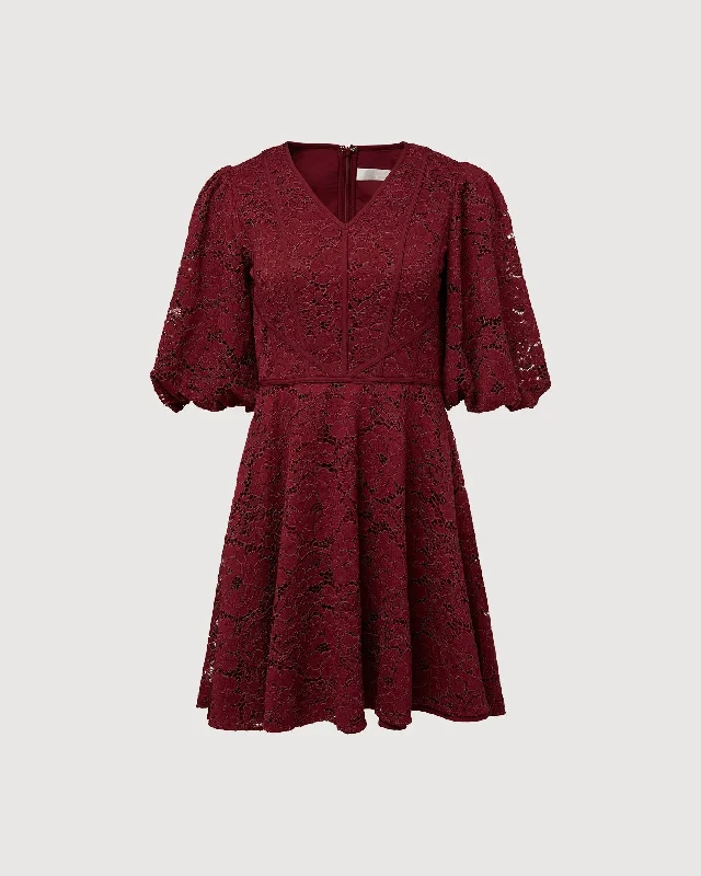 Rachel Parcell | V-Neck Puff Sleeve Mini Dress | Wine Red