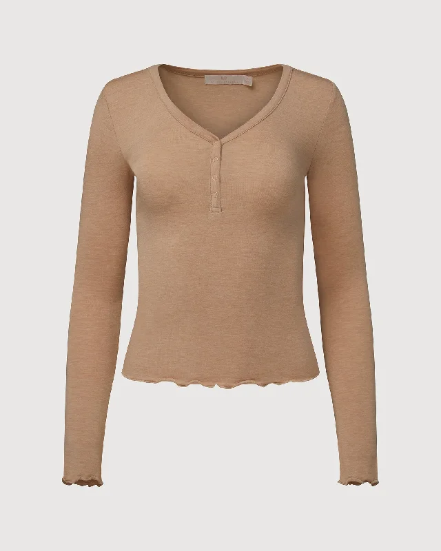 Rachel Parcell | V-neck Henley Top | Heather Sand