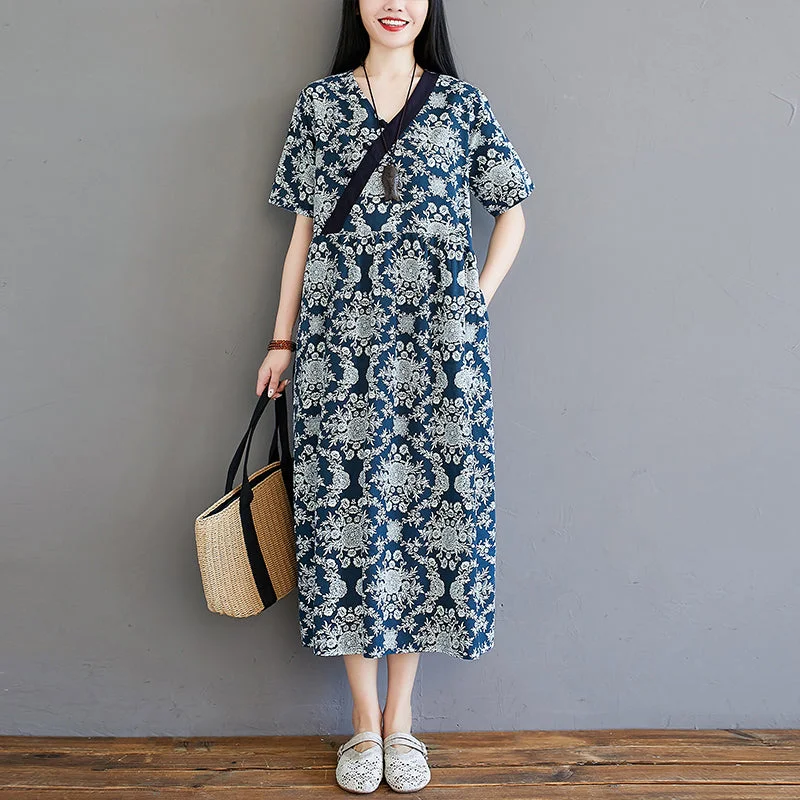 Plus Size Ethnic Blue Cheongsam Midi Dress