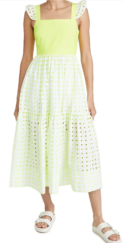 Alilah Dress In White/neon Yellow Embroidered