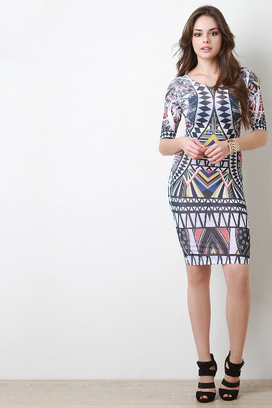 Semi-Sheer Tribal Print Midi Dress