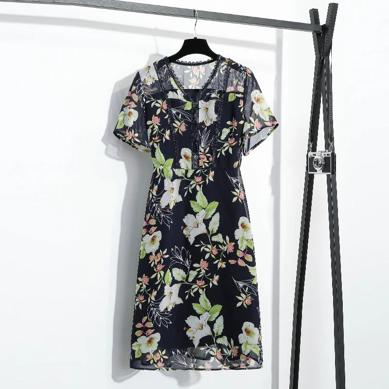 Plus Size Blue Floral Chiffon Dress