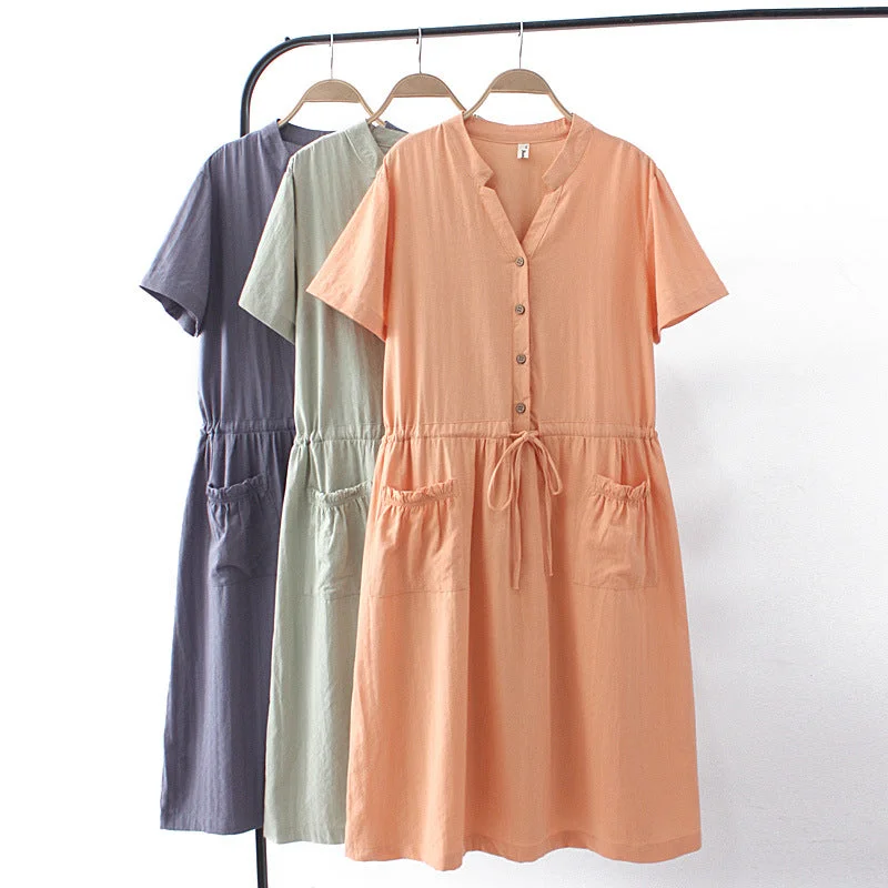 Plus Size V Neck Henley Waist Tie Short Sleeve Dress