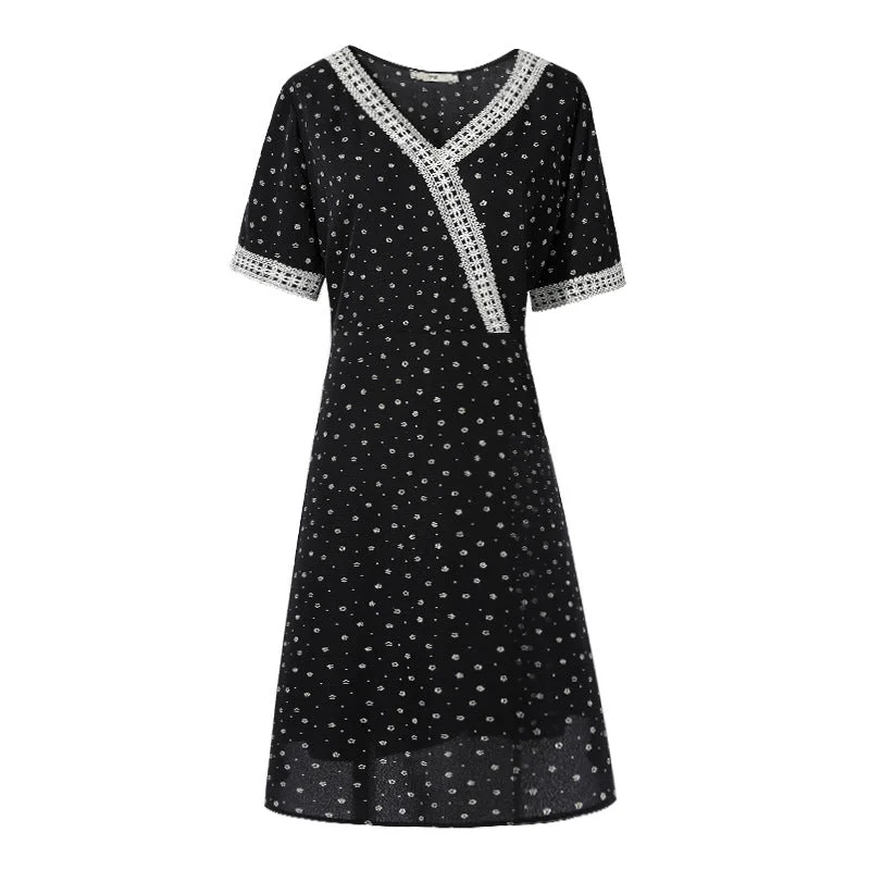 Plus Size Lace Chiffon Print Wrap Short Sleeve Dress