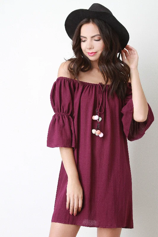 Off The Shoulder Pom Pom Tassel Shift Dress