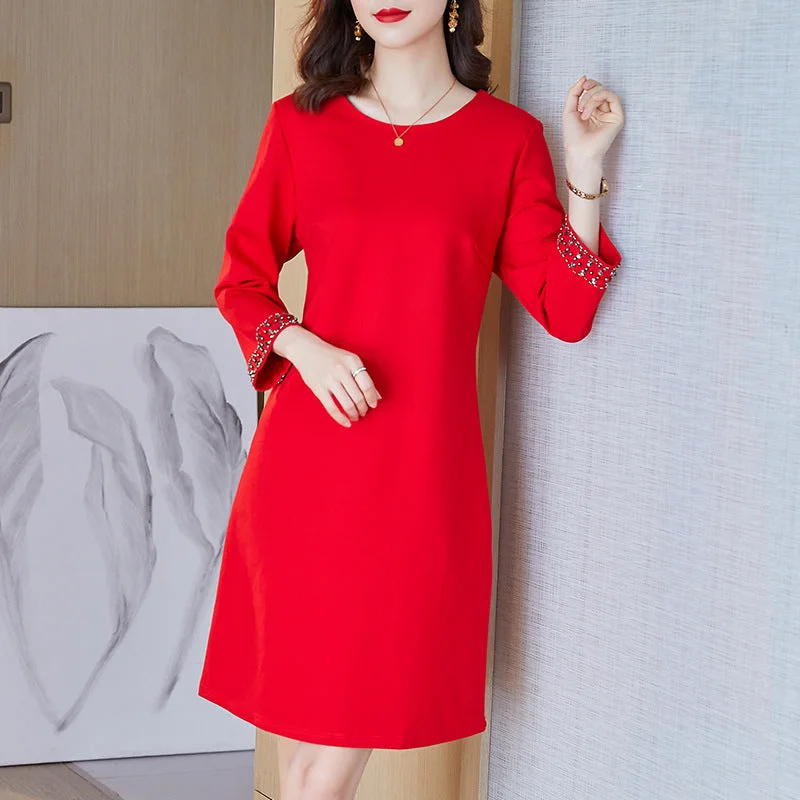 Plus Size Red Diamante ¾ Sleeve Dress