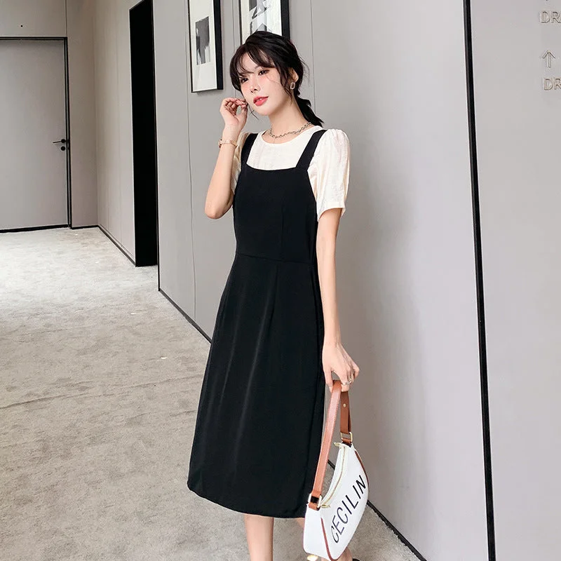 Plus Size Korean Blouse And Pinafore Midi Dress Set