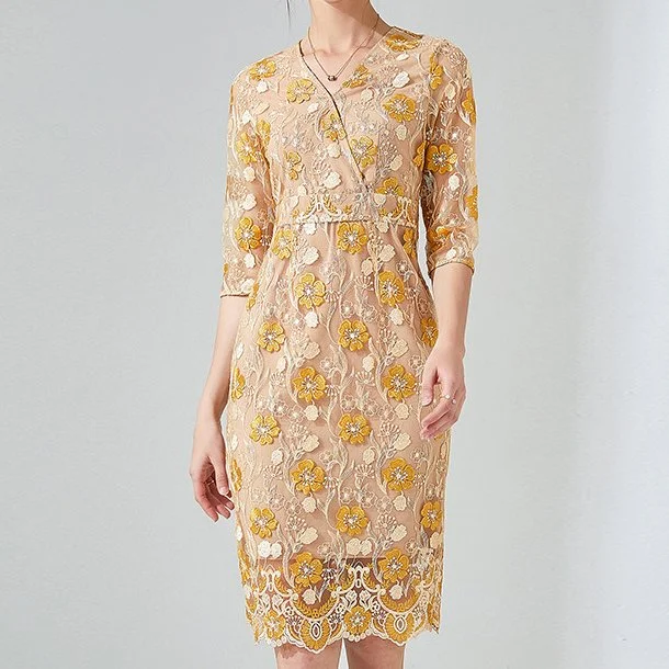 Plus Size Ornate Gold Lace Mid Sleeve Dress