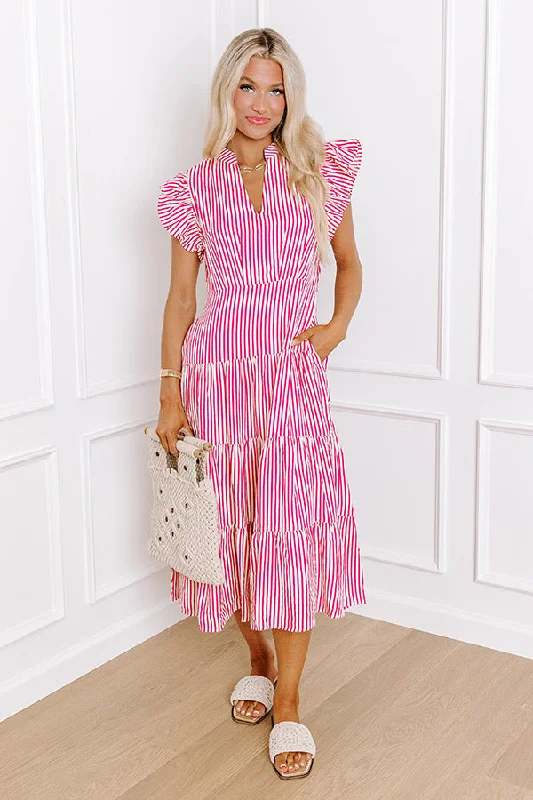 Bayside Brunch Stripe Midi in Hot Pink