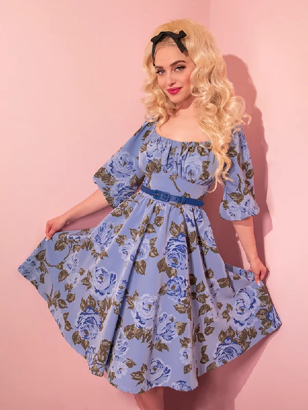 Vacation Dress in Sunset Blue Roses - Vixen by Micheline Pitt