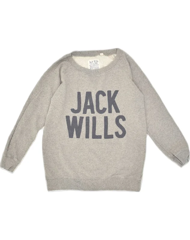 JACK WILLS Womens Graphic Sweatshirt Jumper UK 12 Medium Grey Cotton