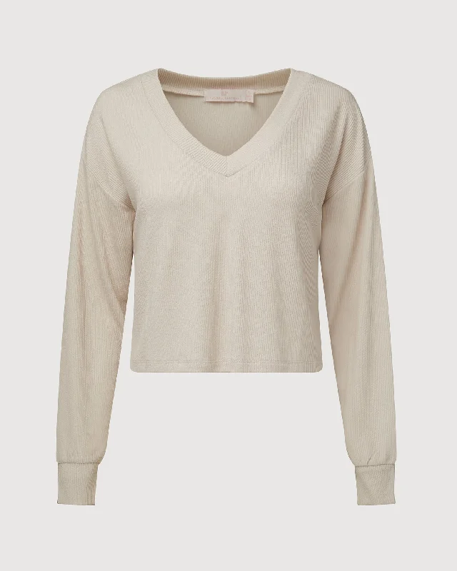 Rachel Parcell | Ribbed V-neck Pull Over Top | White Sand