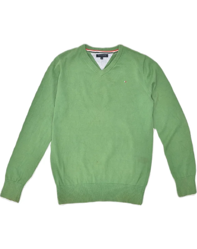 TOMMY HILFIGER Womens V-Neck Jumper Sweater UK 14 Large Green Cotton