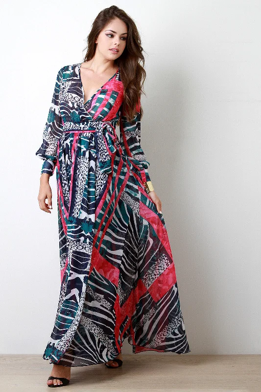 Multipattern Animal Print Chiffon Maxi Dress