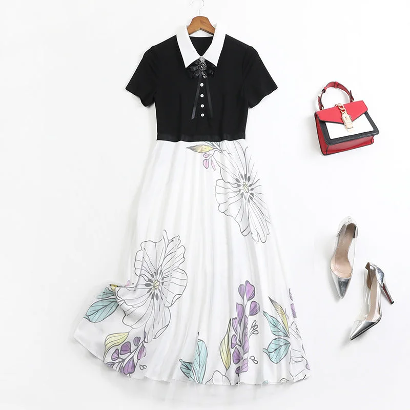 Plus Size Brooch Floral Monochrome Short Sleeve Midi Shirt Dress