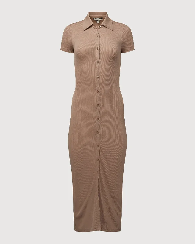 Rachel Parcell | Short Sleeve Button Down Midi Dress | Muted Brown