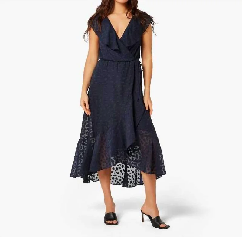 Animal Print Ruffle Midi Dress In Navy