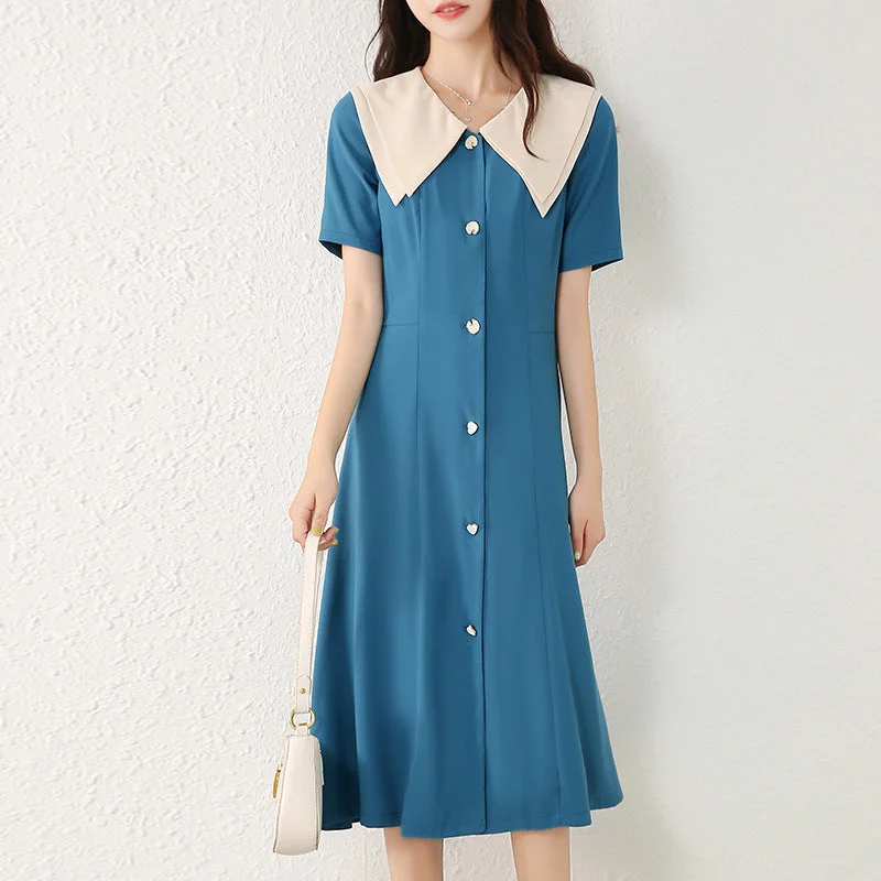 Plus Size Blue Buttons Work Midi Dress