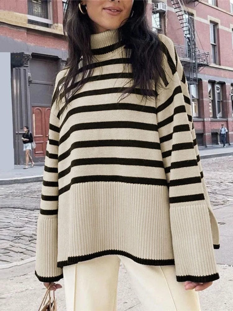 Monochrome Chic: Streetwear Striped Sweater for Women – Loose Fit, Turtleneck, and Knitted Ribbed Style