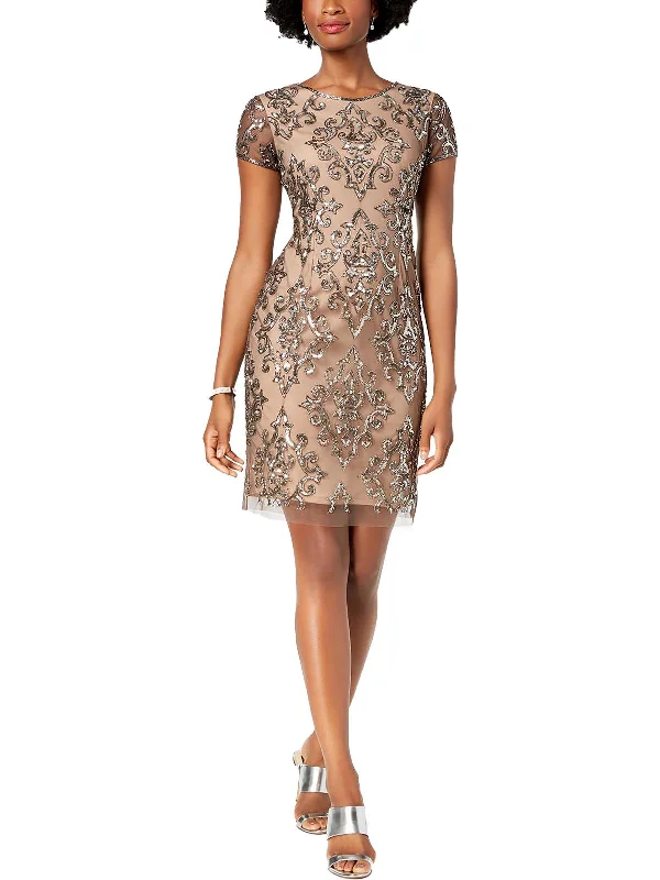 Plus Womens Mesh Embellished Cocktail Dress