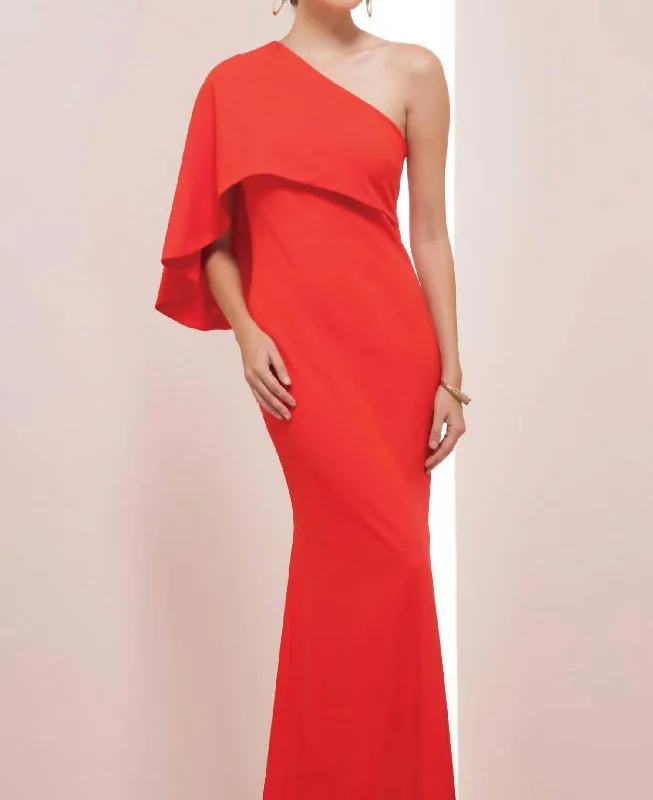 One Shoulder Jersey Gown In Valentine Red