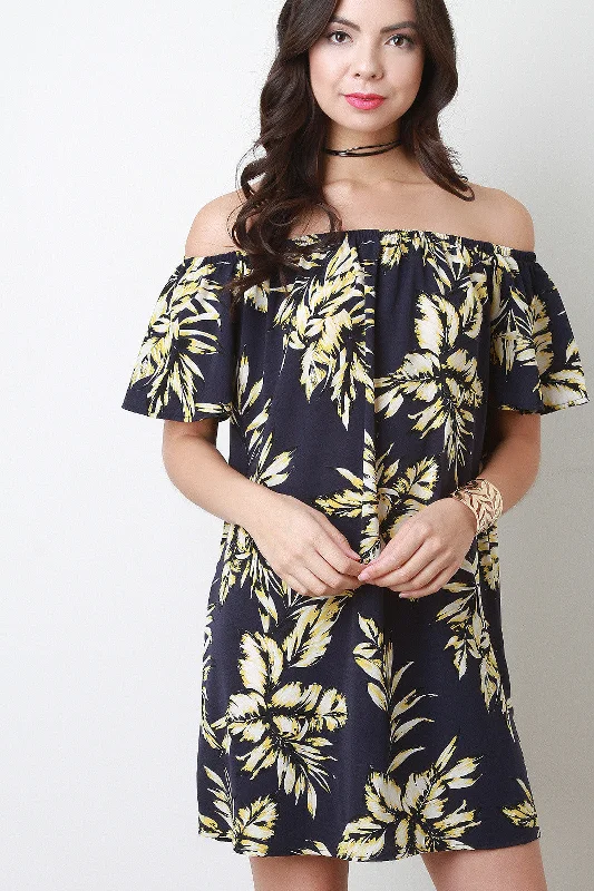 Off The Shoulder Tropical Leaf Motif Dress