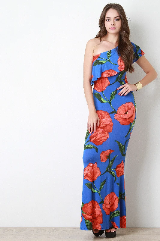 One Shoulder Floral Print Ruffle Mermaid Dress