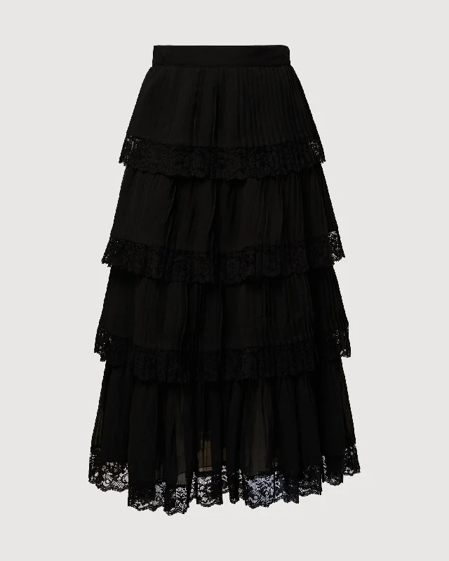 Rachel Parcell | Tiered Pleated Skirt with Lace Trim | Black