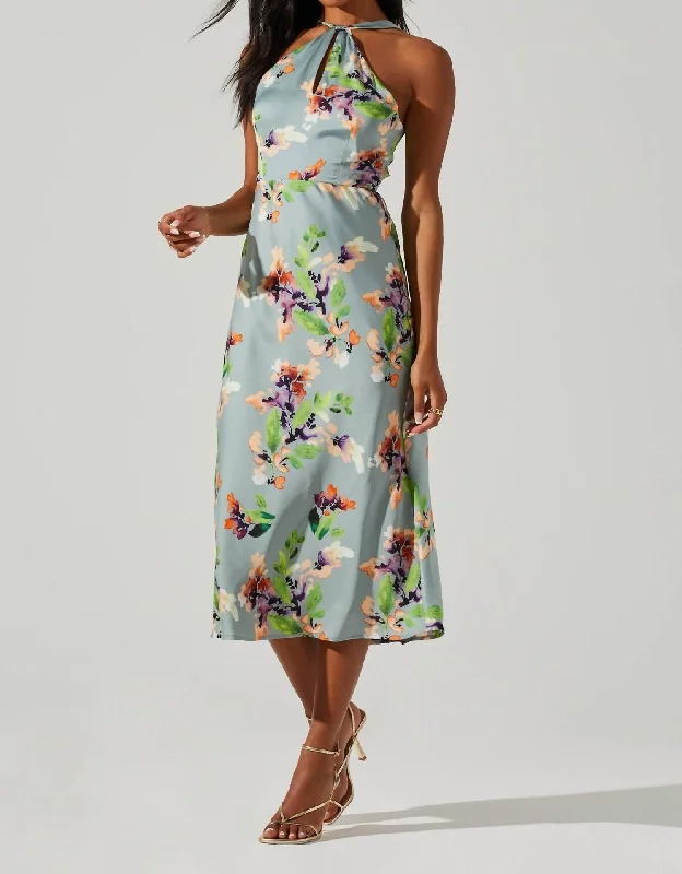 Sandrine Halter Midi Dress In Sage Orange Floral