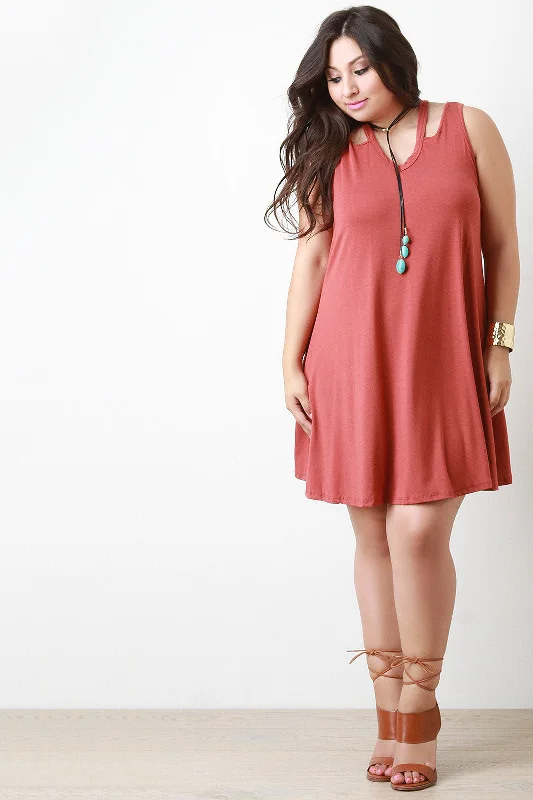 V Neck Shoulder Cut Out Shift Dress