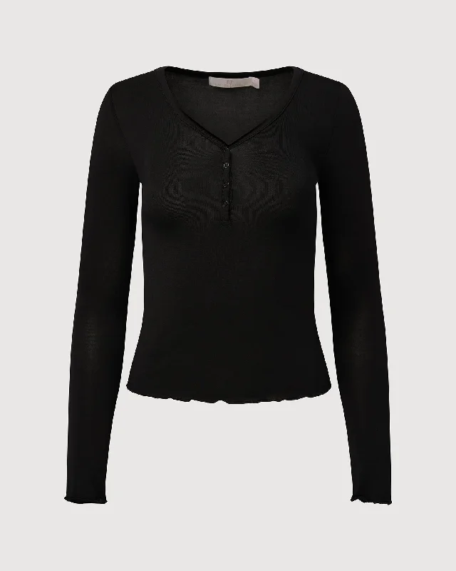 Rachel Parcell | V-neck Henley Top | Black