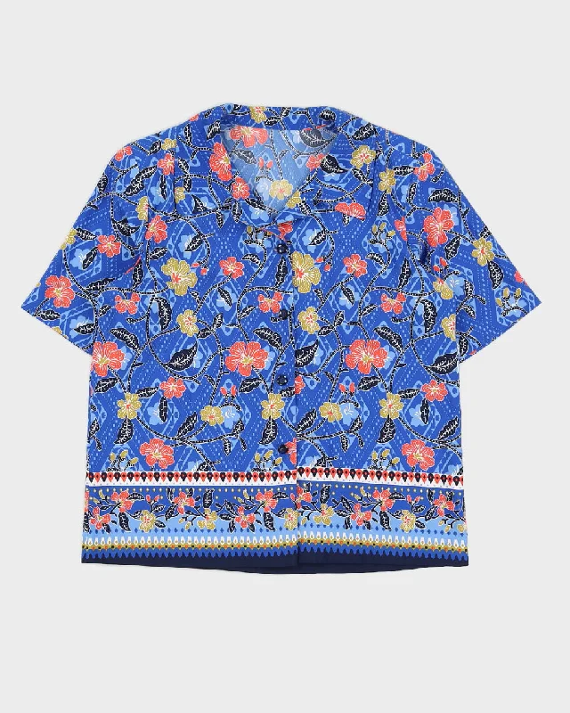 Blue Floral Patterned Short Sleeve Blouse - M