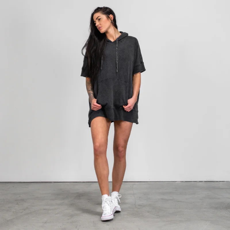 Oversized Vintage Short Sleeve Hoodie - Vintage Black