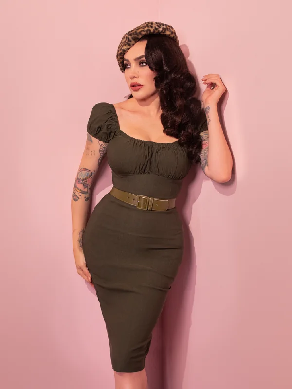 FINAL SALE - Peasant Wiggle Dress in Olive Green - Vixen by Micheline Pitt