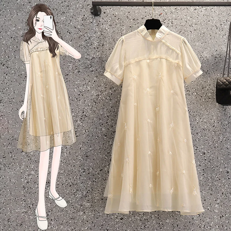 Plus Size Beige Embroidered Pearls Babydoll Cheongsam Dress