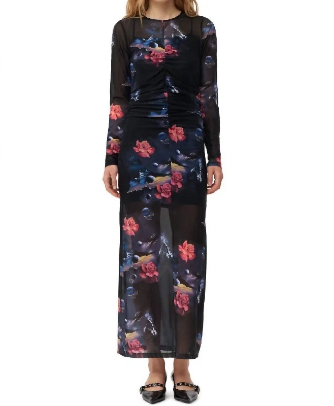 Ruched Floral Mesh Dress In Black